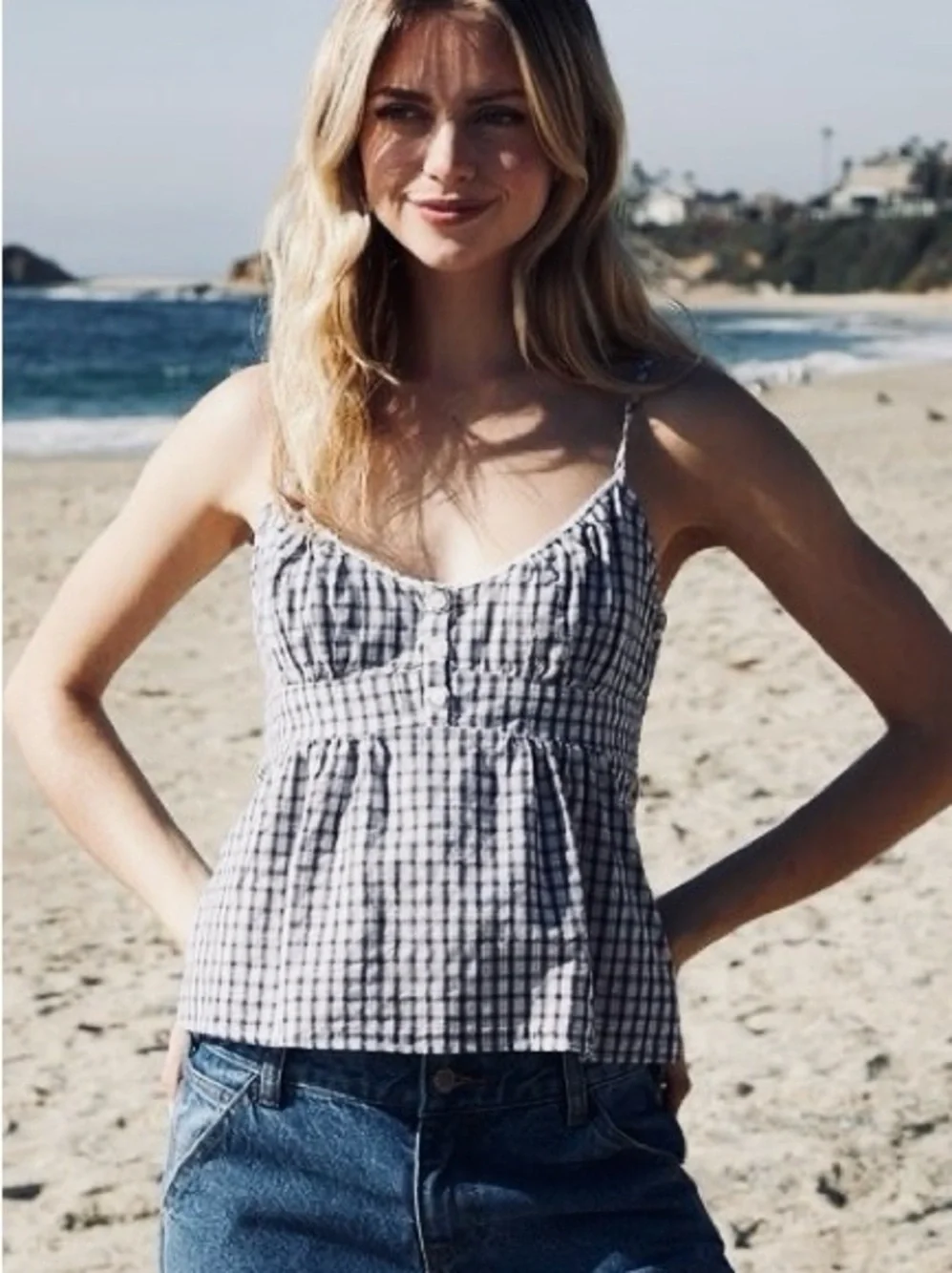 Brandy Melville Blue and White Gingham Spaghetti-Strap Cami - Picture 1 of 3